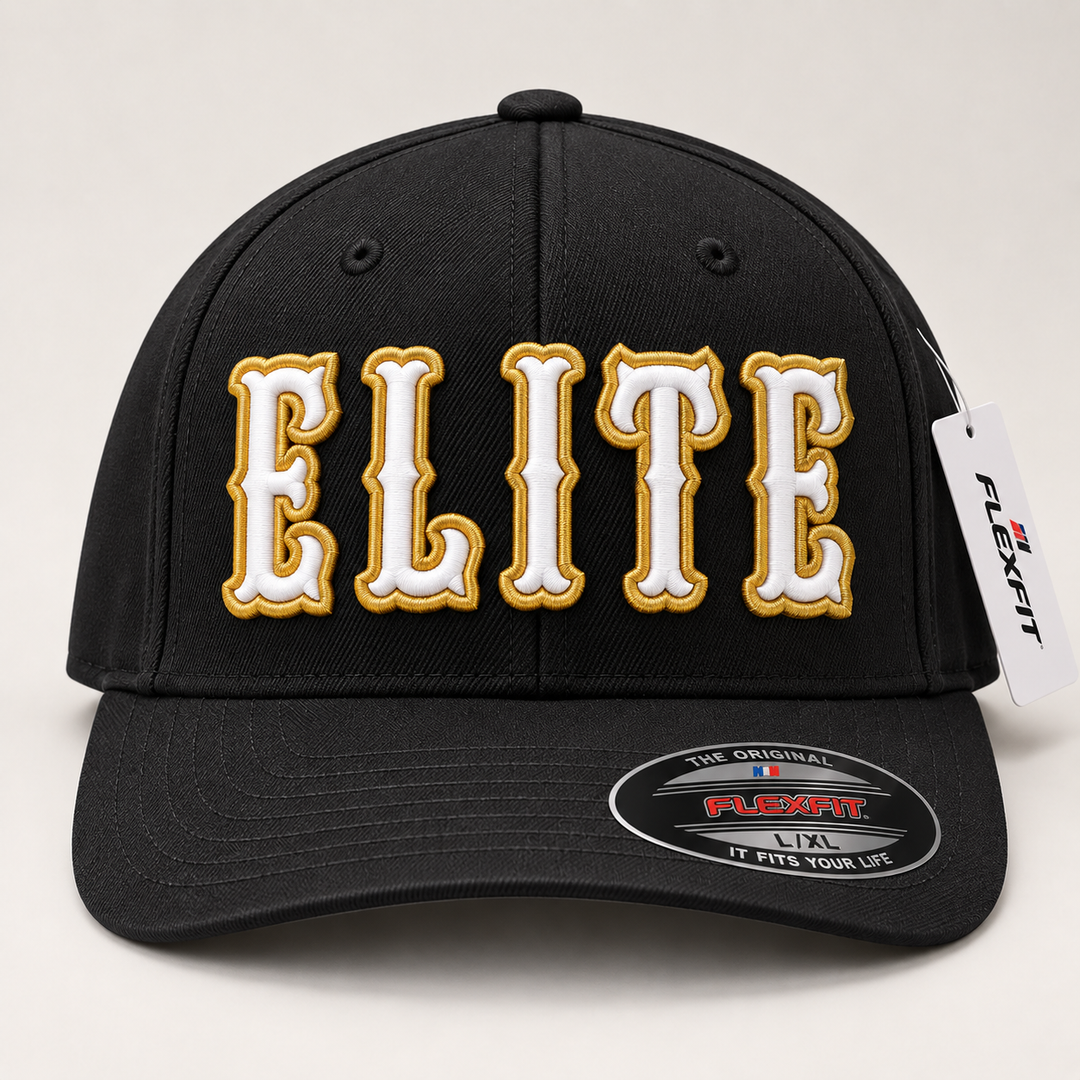 ⭐ Platinum – Boston 3D Puff · White fill · Gold outline · Black Flexfit | Hand Finished in Dubai | EmbroMania