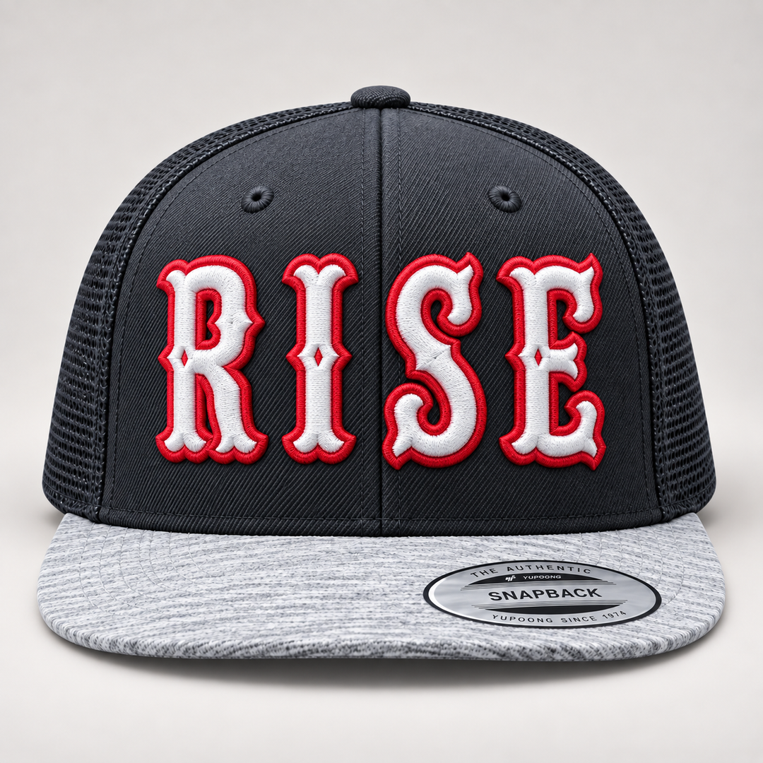 🌑 Rise – Boston 3D Puff · White fill · Red outline · Charcoal Snapback | Hand Finished in Dubai | EmbroMania