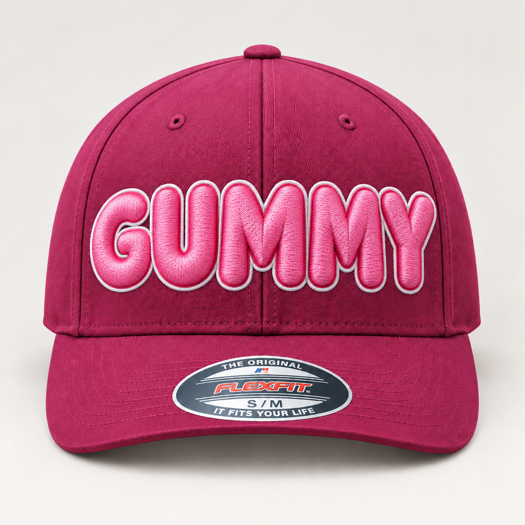 🩷⚪ Bubblegum – Bubble Pop 3D Puff · Pink fill · White outline · Burgundy Flexfit | Hand Finished in Dubai | EmbroMania