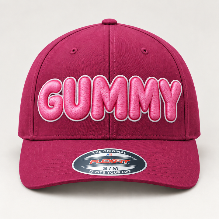 🩷⚪ Bubblegum – Bubble Pop 3D Puff · Pink fill · White outline · Burgundy Flexfit | Hand Finished in Dubai | EmbroMania