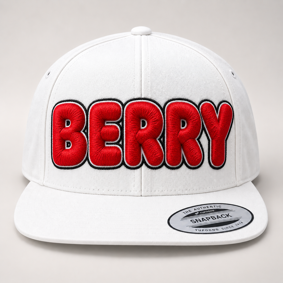 🔴⚫ Cherry Pop – Bubble Pop 3D Puff · Red fill · Black outline · All White Snapback | Hand Finished in Dubai | EmbroMania