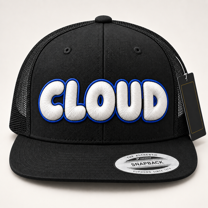 ⚪🔵 Cloud Nine – Bubble Pop 3D Puff · White fill · Royal Blue outline · Black Flat Trucker | Hand Finished in Dubai | EmbroMania