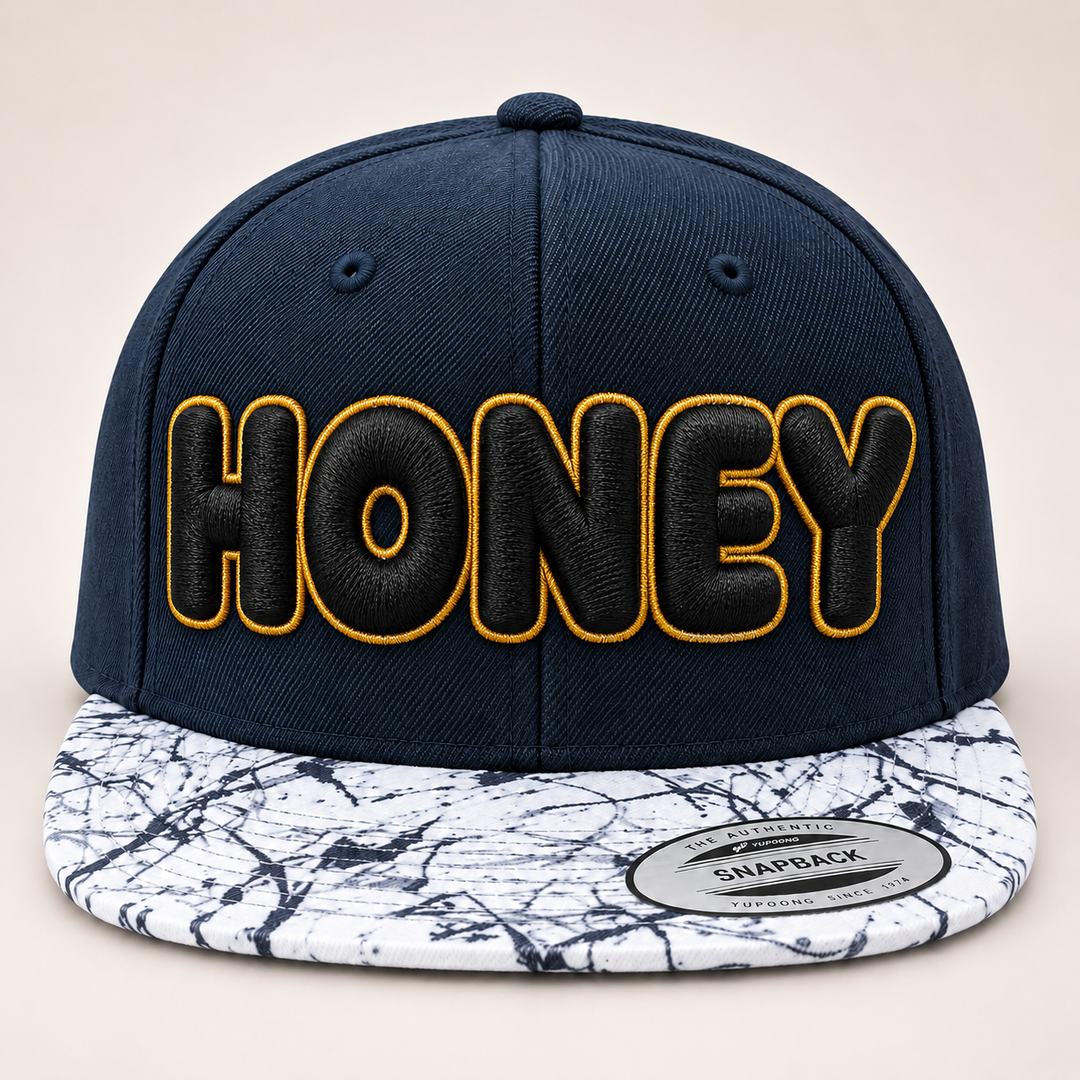 ⚫🟡 Dark Honey – Bubble Pop 3D Puff · Black fill · Gold outline · Navy Marble Brim Snapback | Hand Finished in Dubai | EmbroMania