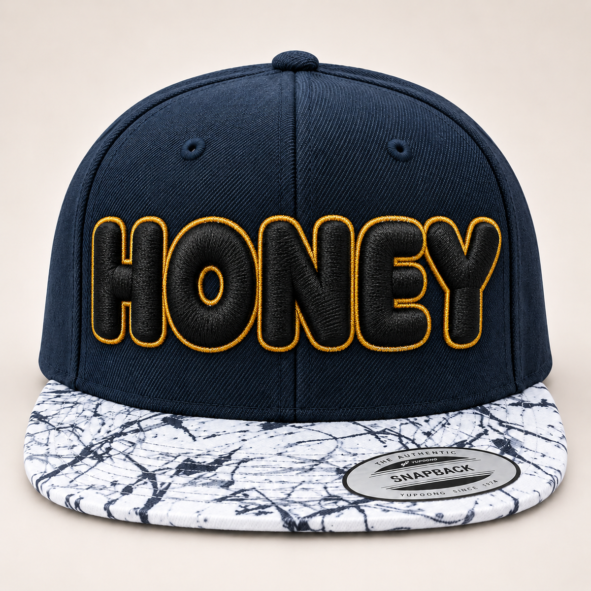 ⚫🟡 Dark Honey – Bubble Pop 3D Puff · Black fill · Gold outline · Navy Marble Brim Snapback | Hand Finished in Dubai | EmbroMania