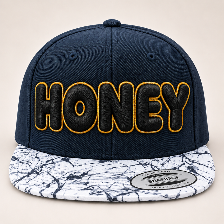 ⚫🟡 Dark Honey – Bubble Pop 3D Puff · Black fill · Gold outline · Navy Marble Brim Snapback | Hand Finished in Dubai | EmbroMania