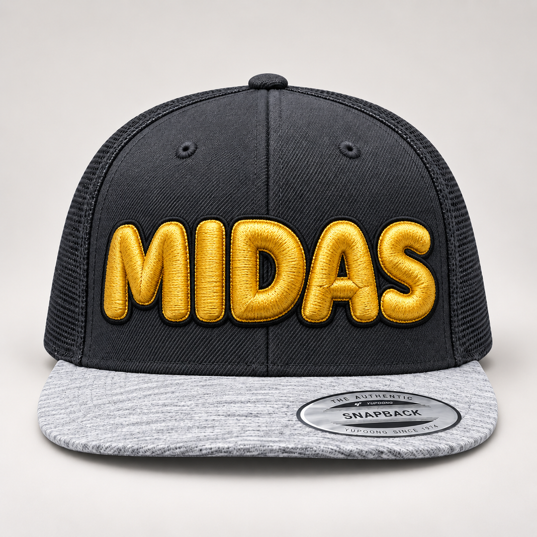 🟡⚫ Midas – Bubble Pop 3D Puff · Gold fill · Black outline · Charcoal Heather Snapback | Hand Finished in Dubai | EmbroMania