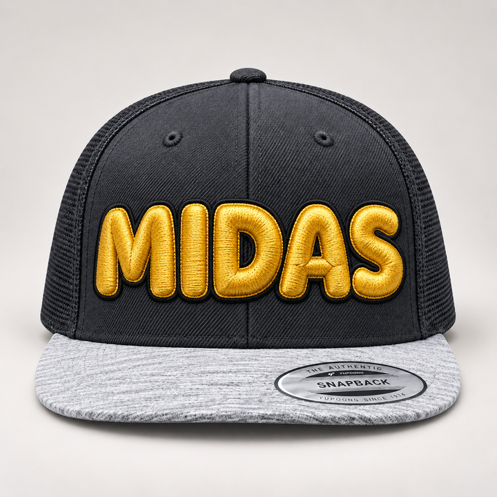🟡⚫ Midas – Bubble Pop 3D Puff · Gold fill · Black outline · Charcoal Heather Snapback | Hand Finished in Dubai | EmbroMania
