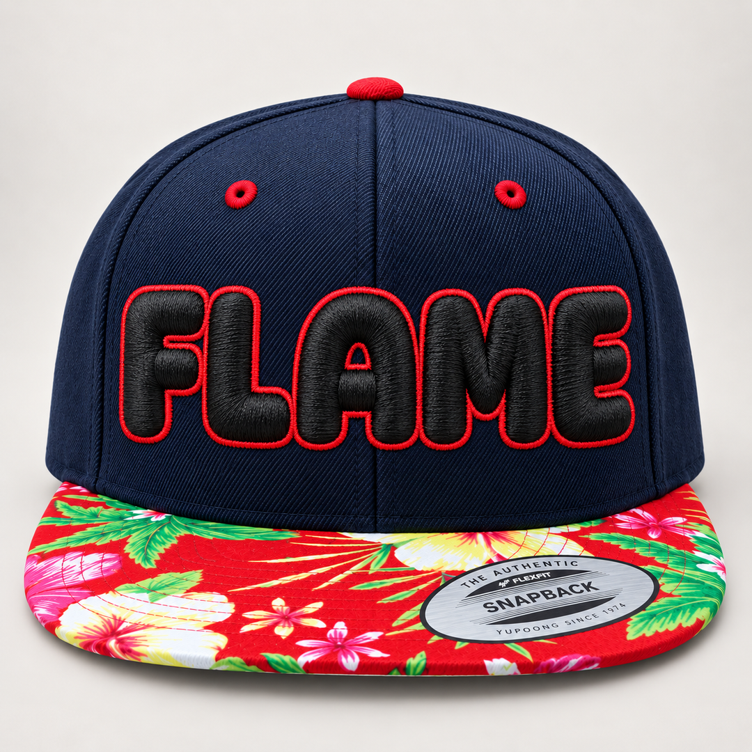 ⚫🔴 Midnight Flame – Bubble Pop 3D Puff · Black fill · Red outline · Navy Floral Brim Snapback | Hand Finished in Dubai | EmbroMania