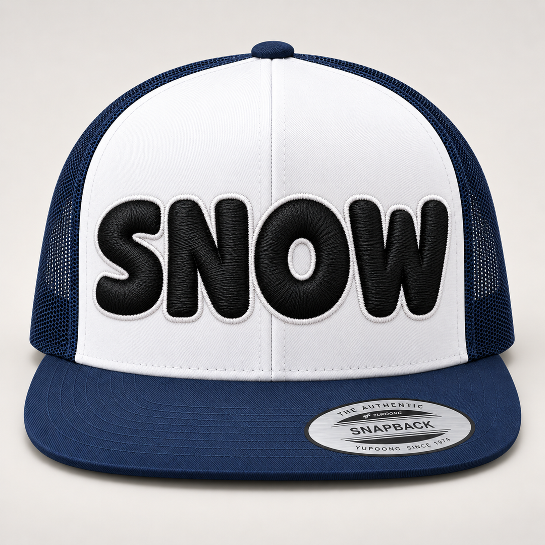 ⚫⚪ Midnight Snow – Bubble Pop 3D Puff · Black fill · White outline · White & Navy Foam Trucker | Hand Finished in Dubai | EmbroMania
