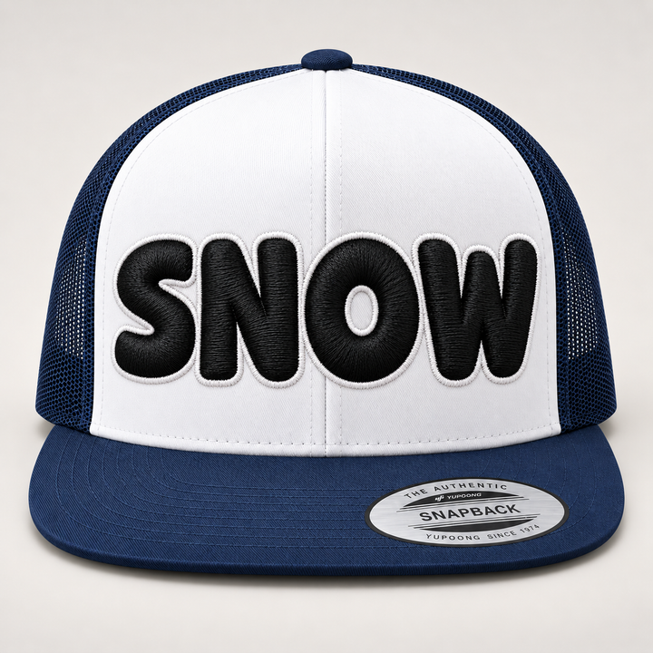 ⚫⚪ Midnight Snow – Bubble Pop 3D Puff · Black fill · White outline · White &amp; Navy Foam Trucker | Hand Finished in Dubai | EmbroMania