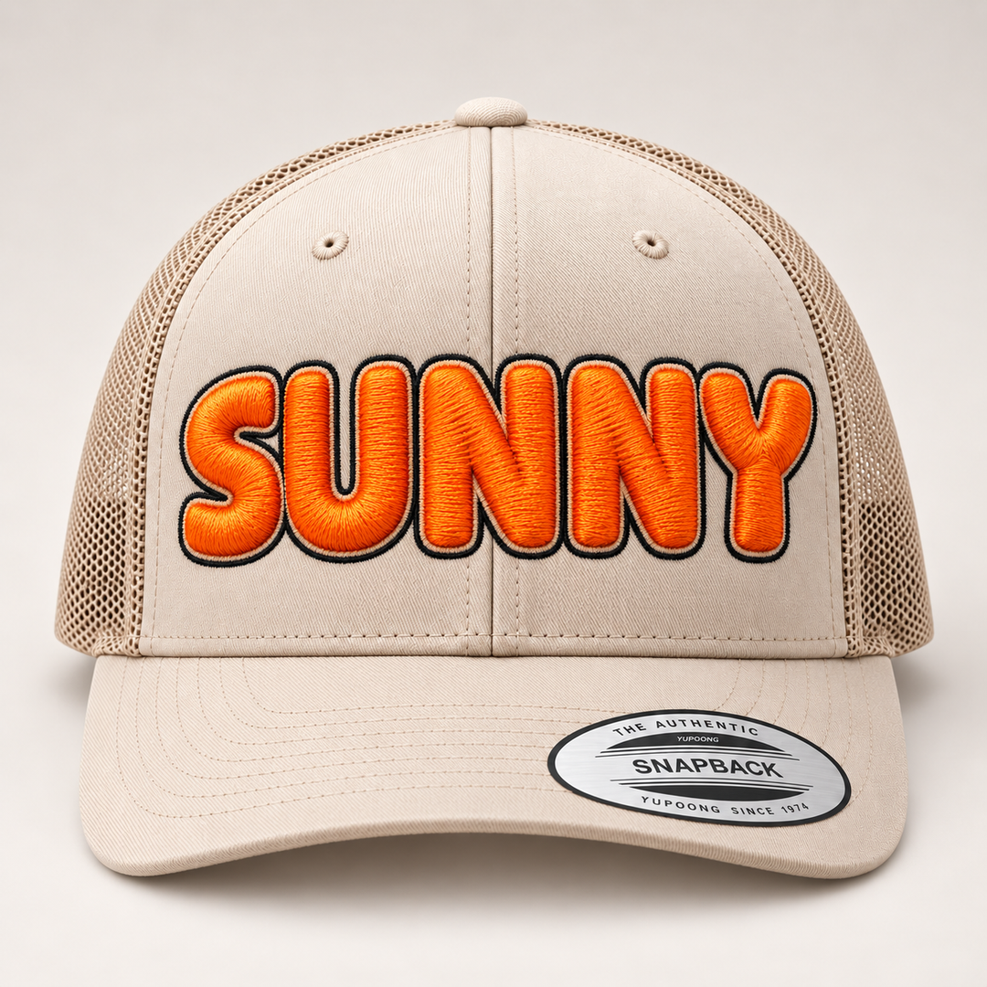 🧡⚫ Sunset Pop – Bubble Pop 3D Puff · Orange fill · Black outline · Beige Retro Trucker | Hand Finished in Dubai | EmbroMania
