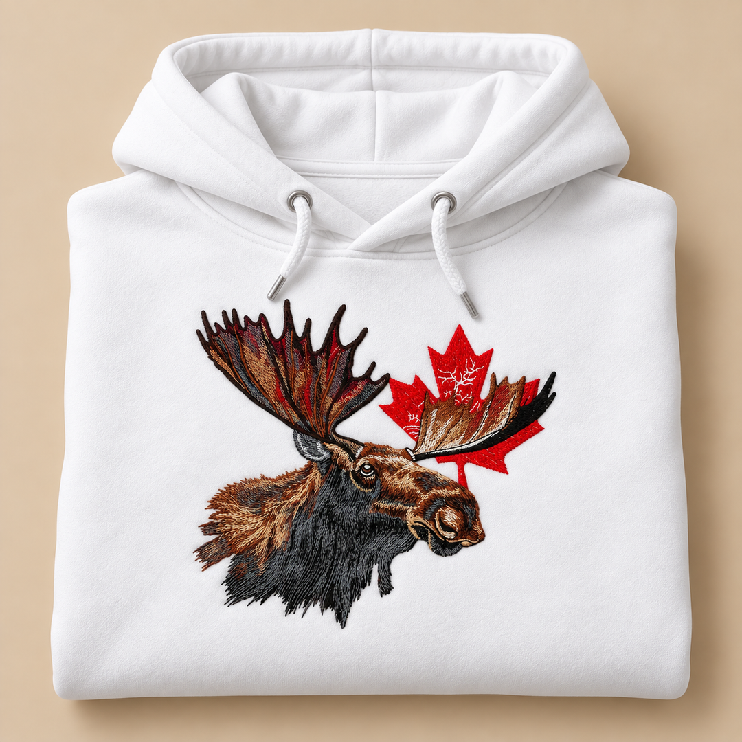 Canadian Moose Crest Machine Embroidered Hoodie in Large Black – Bull moose and maple leaf design embroidered on black 320gsm premium fleece | Hand Finished in Dubai