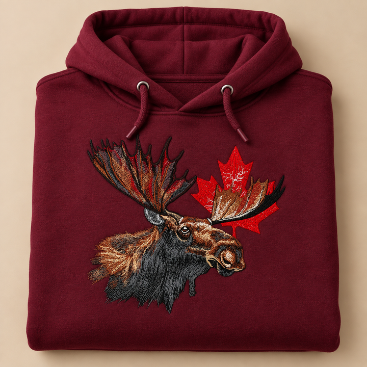 Canadian Moose Crest Machine Embroidered Hoodie in Large Fuchsia – Bull moose and maple leaf design embroidered on fuchsia 320gsm premium fleece | Hand Finished in Dubai