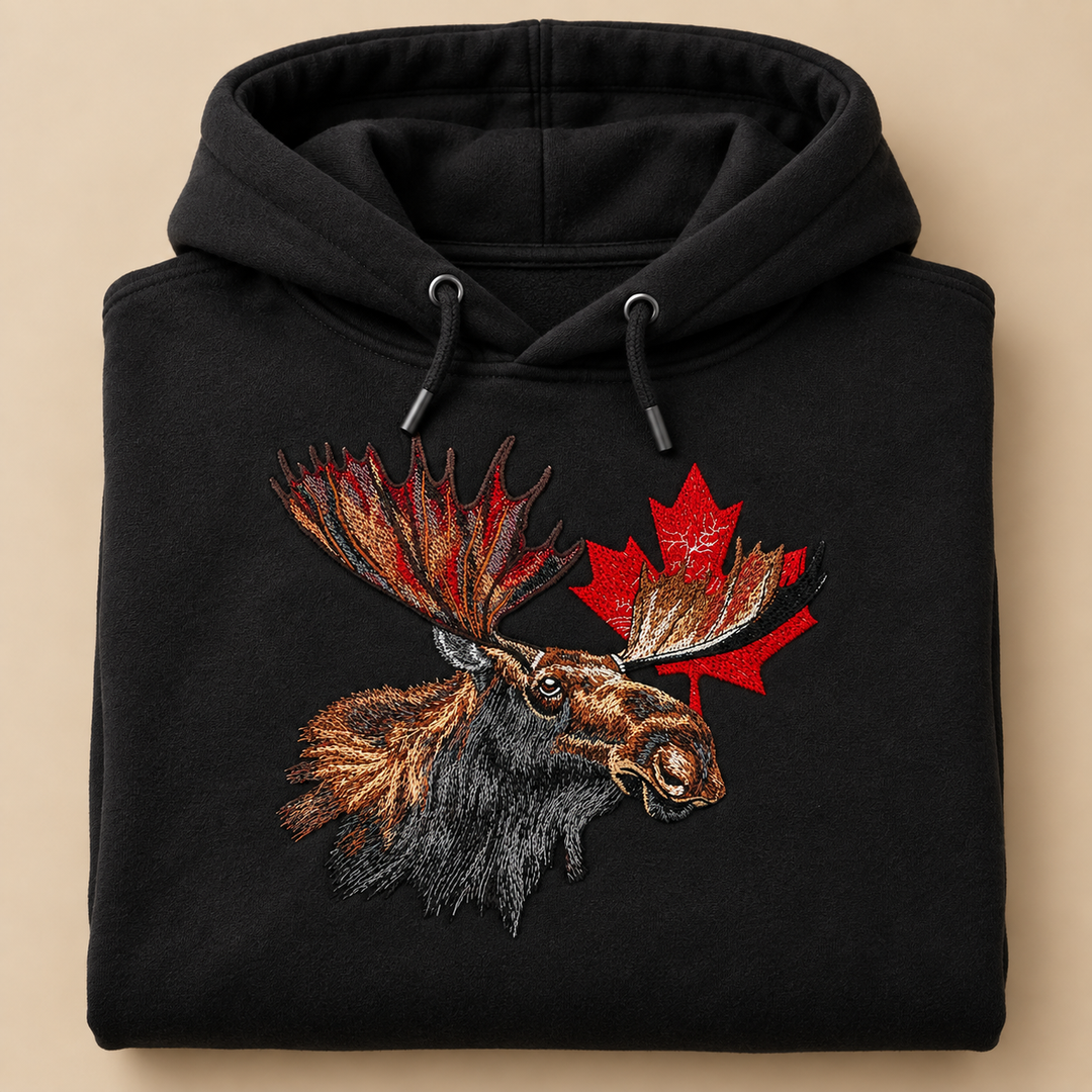 Canadian Moose Crest Machine Embroidered Hoodie in Large White – Bull moose and maple leaf design embroidered on white 320gsm premium fleece | Hand Finished in Dubai