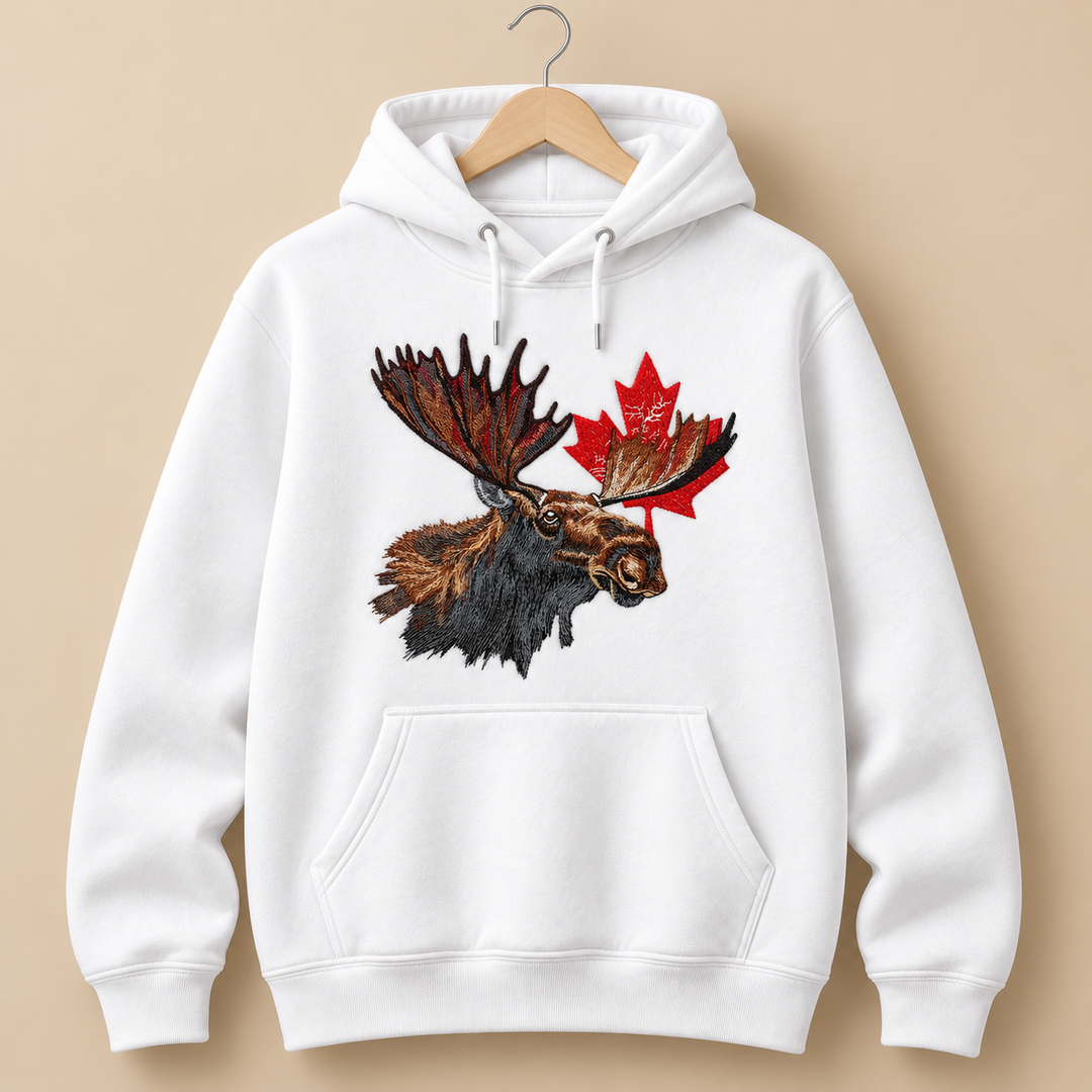 Canadian Moose Crest Machine Embroidered Hoodie in Medium Black – Bull moose and maple leaf design embroidered on black 320gsm premium fleece | Hand Finished in Dubai