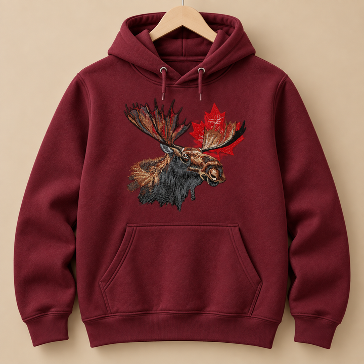 Canadian Moose Crest Machine Embroidered Hoodie in Medium Fuchsia – Bull moose and maple leaf design embroidered on fuchsia 320gsm premium fleece | Hand Finished in Dubai
