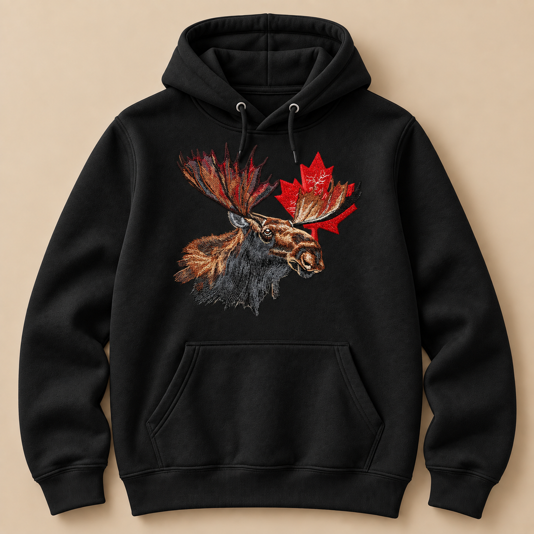 Canadian Moose Crest Machine Embroidered Hoodie in Medium White – Bull moose and maple leaf design embroidered on white 320gsm premium fleece | Hand Finished in Dubai