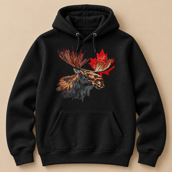 Canadian Moose Crest Machine Embroidered Hoodie in Medium White – Bull moose and maple leaf design embroidered on white 320gsm premium fleece | Hand Finished in Dubai