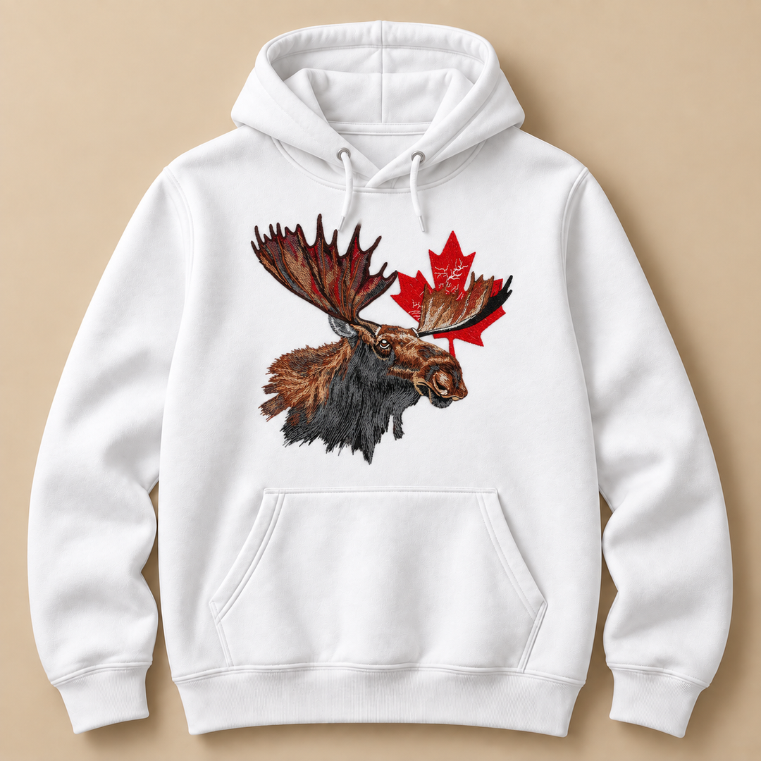 Canadian Moose Crest Machine Embroidered Hoodie in Small Black – Bull moose and maple leaf design embroidered on black 320gsm premium fleece | Hand Finished in Dubai