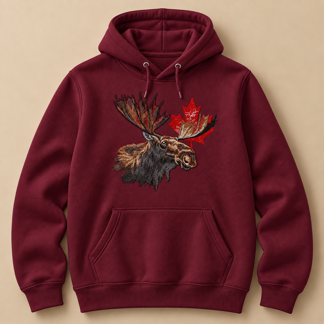 Canadian Moose Crest Machine Embroidered Hoodie in Small Fuchsia – Bull moose and maple leaf design embroidered on fuchsia 320gsm premium fleece | Hand Finished in Dubai