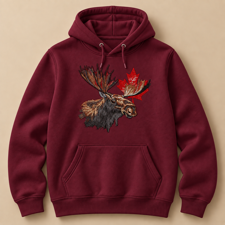 Canadian Moose Crest Machine Embroidered Hoodie in Small Fuchsia – Bull moose and maple leaf design embroidered on fuchsia 320gsm premium fleece | Hand Finished in Dubai