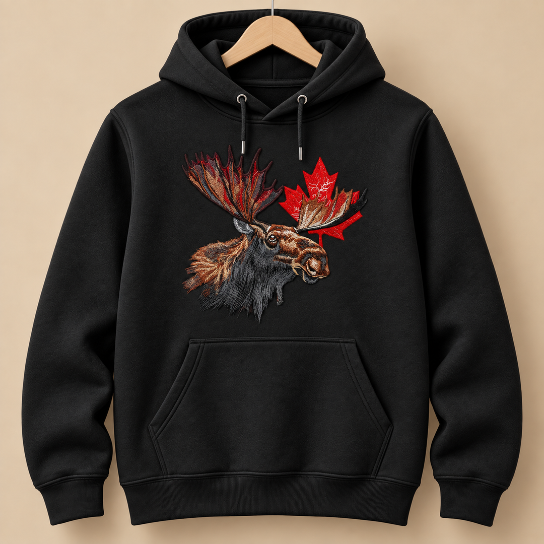 Canadian Moose Crest Machine Embroidered Hoodie in Small White – Bull moose and maple leaf design embroidered on white 320gsm premium fleece | Hand Finished in Dubai
