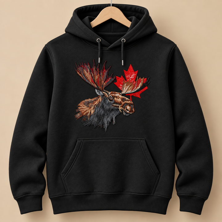 Canadian Moose Crest Machine Embroidered Hoodie in Small White – Bull moose and maple leaf design embroidered on white 320gsm premium fleece | Hand Finished in Dubai