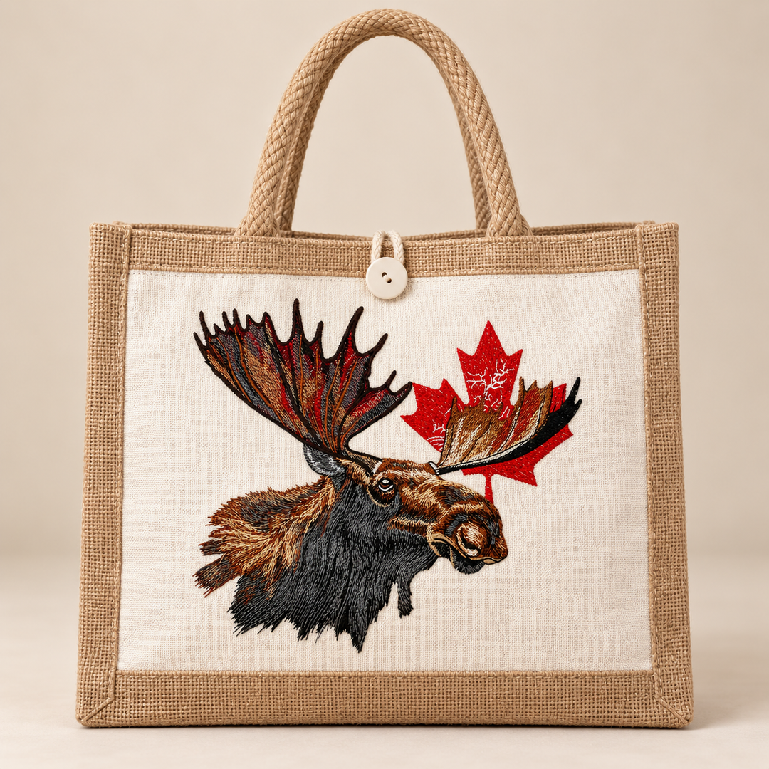 Canadian Moose Crest Machine Embroidered Jute Tote – Bull moose and maple leaf design embroidered on premium natural jute | Hand Finished in Dubai