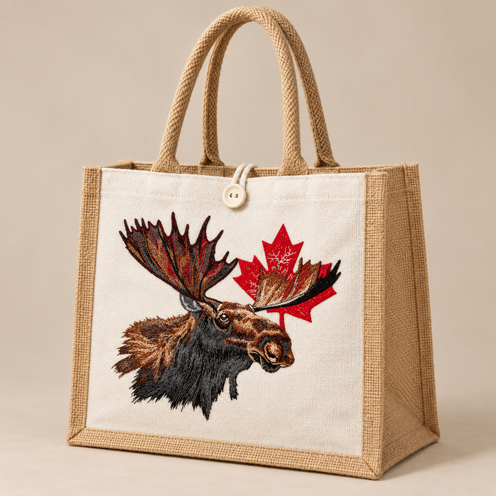 Canadian Moose Crest Machine Embroidered Jute Tote – Bull moose and maple leaf design embroidered on premium natural jute | Hand Finished in Dubai