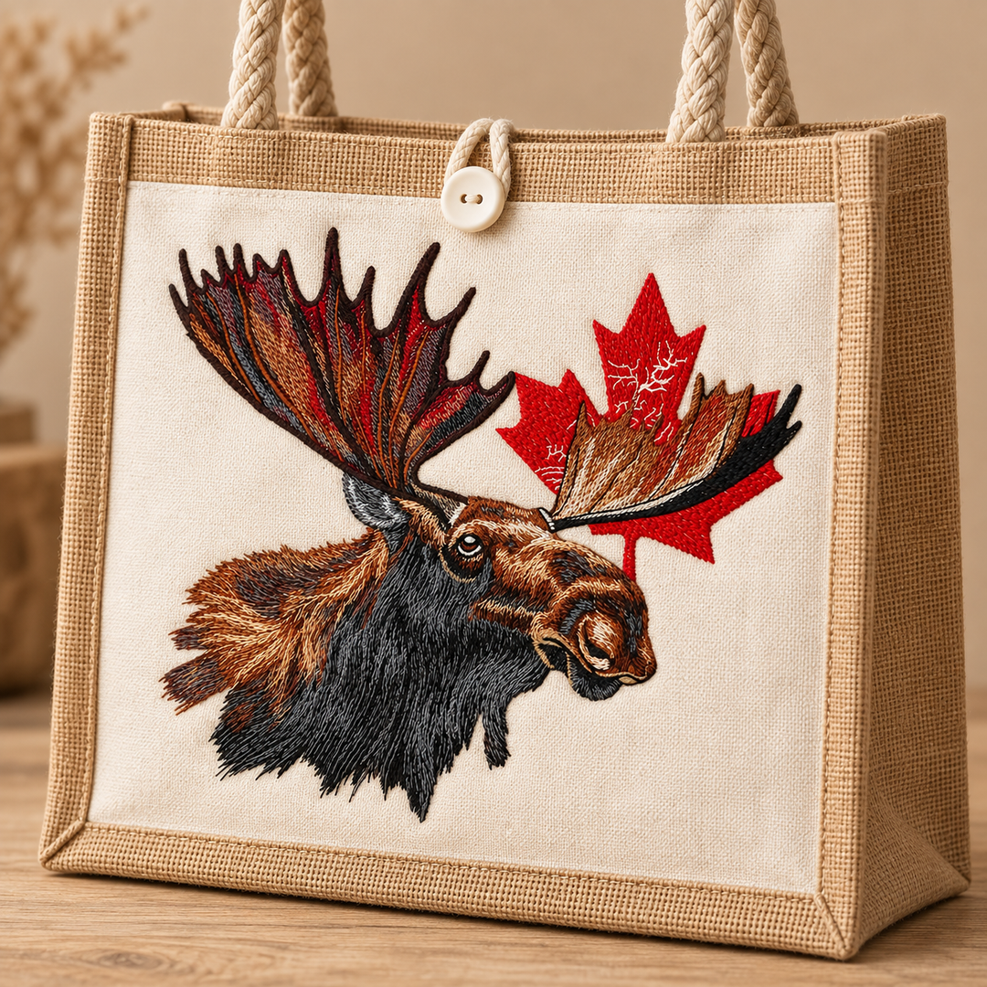 Canadian Moose Crest Machine Embroidered Jute Tote – Close-up detail of bull moose and maple leaf embroidery with fine antler and fur texture | Hand Finished in Dubai