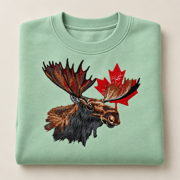 Canadian Moose Crest Machine Embroidered Sweatshirt in Large Khaki – Bull moose and maple leaf design embroidered on khaki 320gsm cotton fleece crewneck | Hand Finished in Dubai