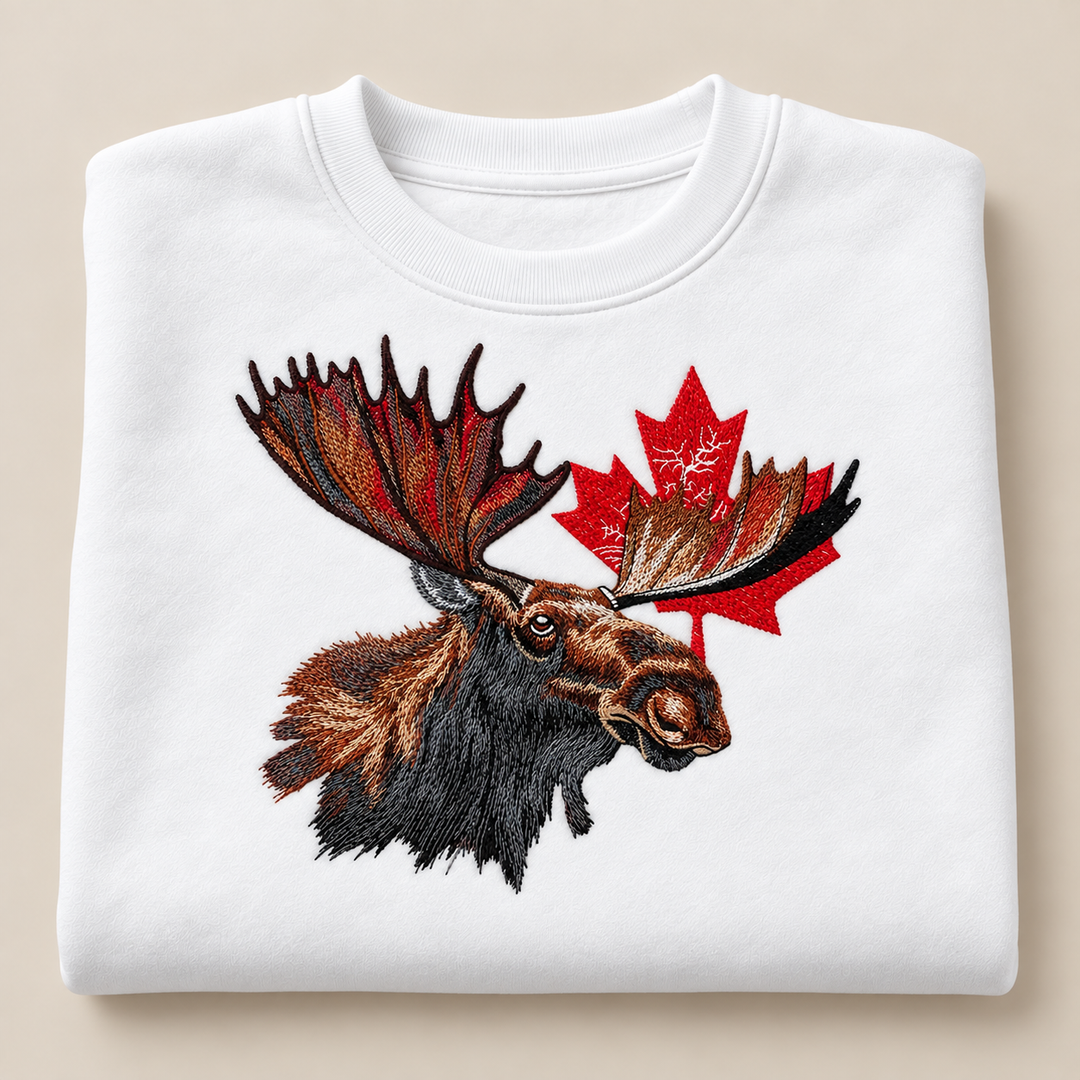 Canadian Moose Crest Machine Embroidered Sweatshirt in Large Mint Green – Bull moose and maple leaf design embroidered on mint green 320gsm cotton fleece crewneck | Hand Finished in Dubai