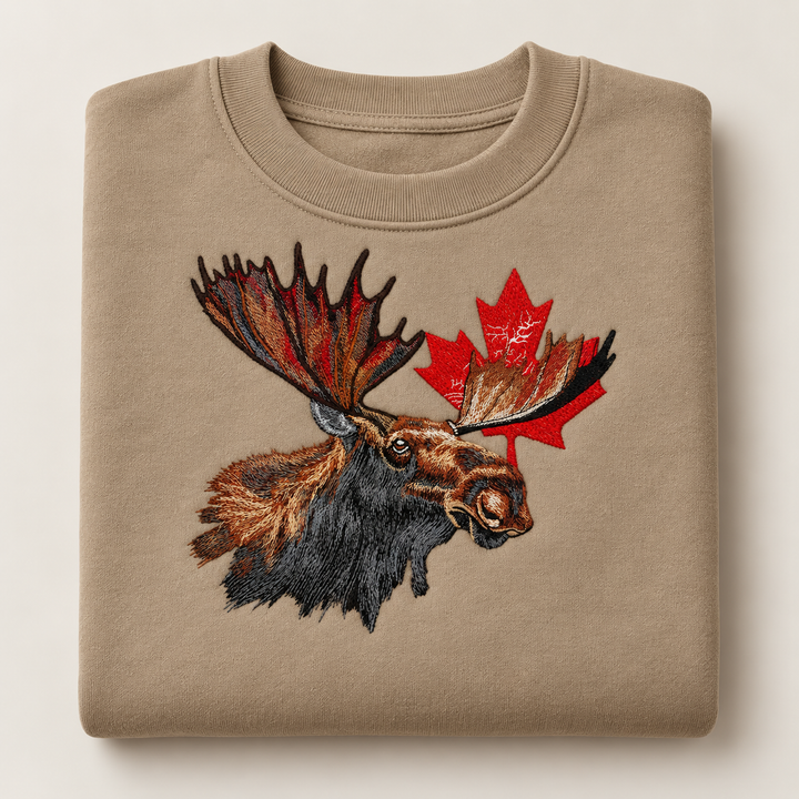 Canadian Moose Crest Machine Embroidered Sweatshirt in Large White – Bull moose and maple leaf design embroidered on white 320gsm cotton fleece crewneck | Hand Finished in Dubai