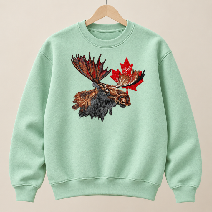 Canadian Moose Crest Machine Embroidered Sweatshirt in Medium Khaki – Bull moose and maple leaf design embroidered on khaki 320gsm cotton fleece crewneck | Hand Finished in Dubai