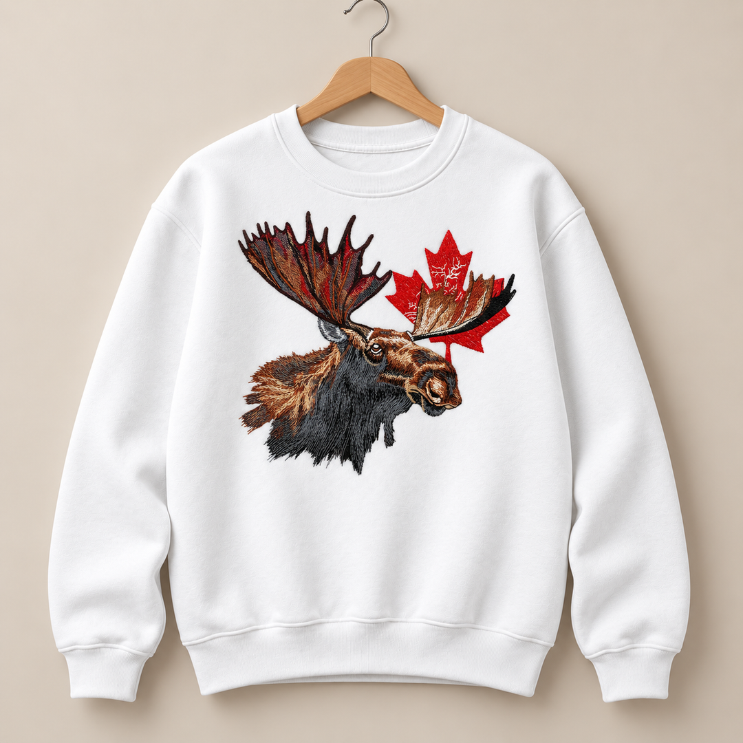 Canadian Moose Crest Machine Embroidered Sweatshirt in Medium Mint Green – Bull moose and maple leaf design embroidered on mint green 320gsm cotton fleece crewneck | Hand Finished in Dubai