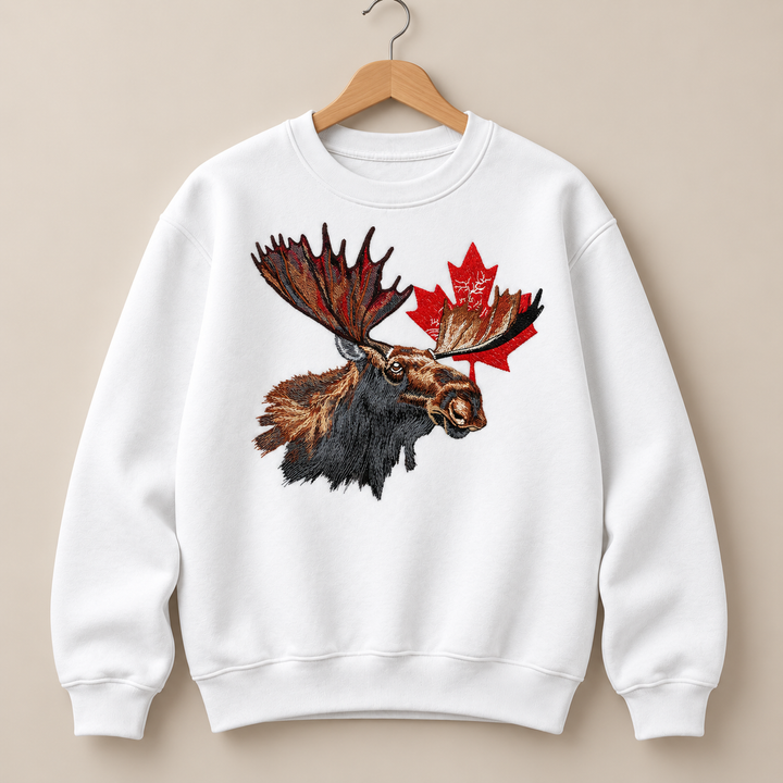 Canadian Moose Crest Machine Embroidered Sweatshirt in Medium Mint Green – Bull moose and maple leaf design embroidered on mint green 320gsm cotton fleece crewneck | Hand Finished in Dubai
