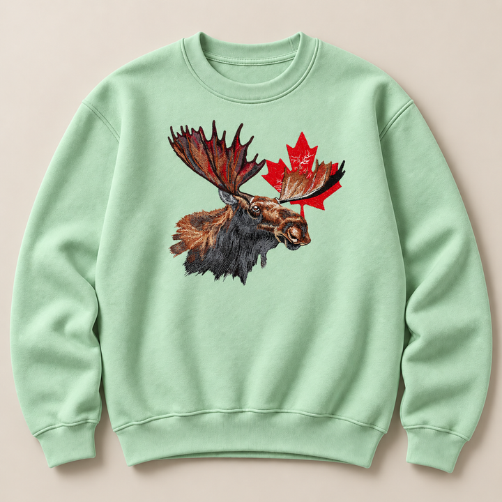 Canadian Moose Crest Machine Embroidered Sweatshirt in Small Khaki – Bull moose and maple leaf design embroidered on khaki 320gsm cotton fleece crewneck | Hand Finished in Dubai