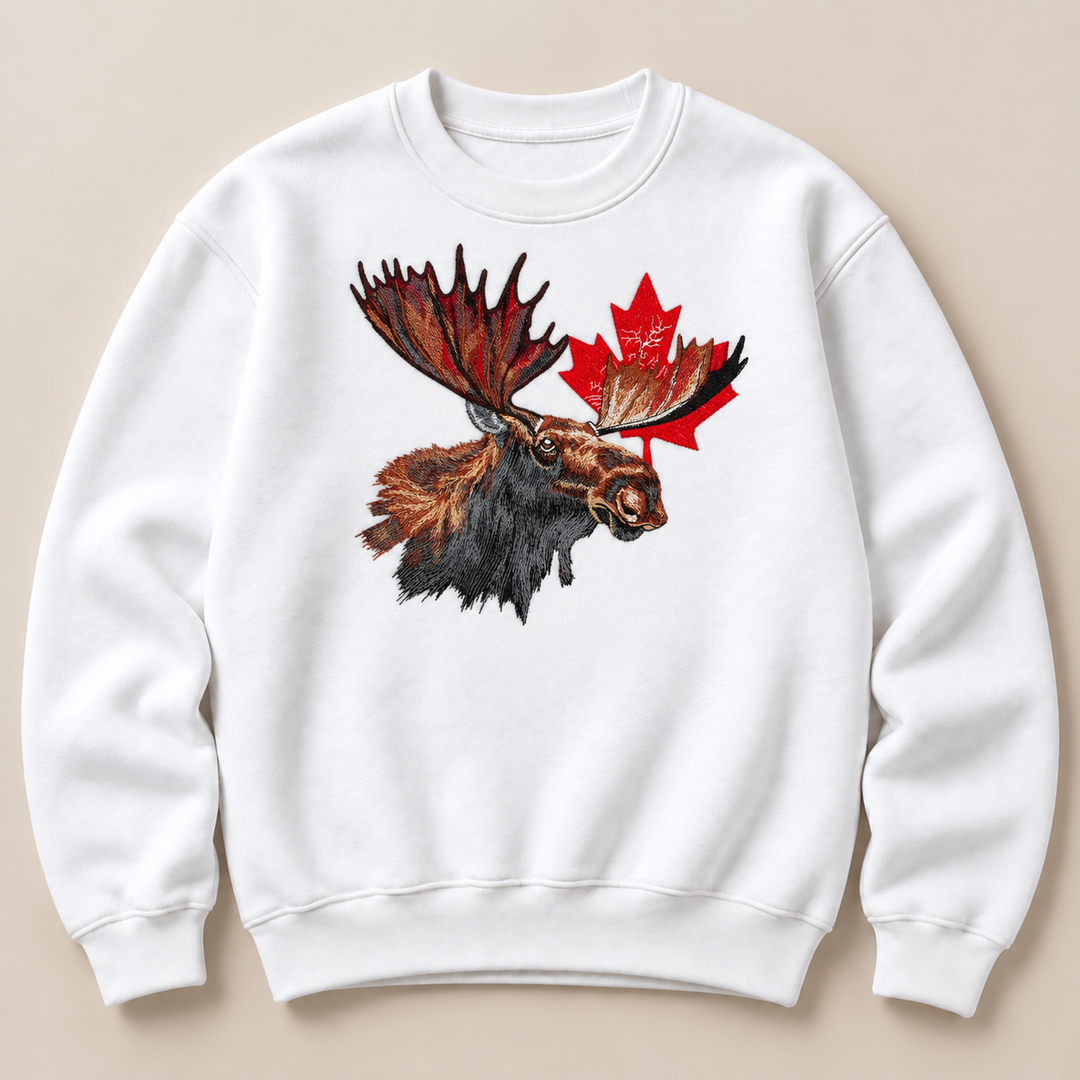 Canadian Moose Crest Machine Embroidered Sweatshirt in Small Mint Green – Bull moose and maple leaf design embroidered on mint green 320gsm cotton fleece crewneck | Hand Finished in Dubai