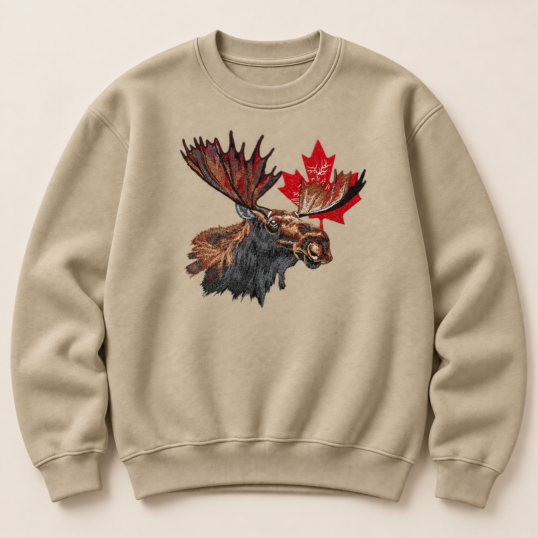 Canadian Moose Crest Machine Embroidered Sweatshirt in Small White – Bull moose and maple leaf design embroidered on white 320gsm cotton fleece crewneck | Hand Finished in Dubai