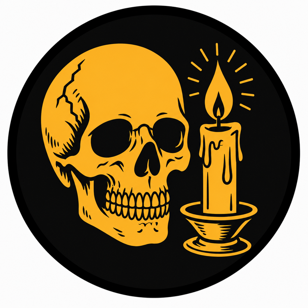 Candlelit Skull embroidery patch featuring a skull beside a lit candle in flat black and warm amber | Hand Finished in Dubai | EmbroMania