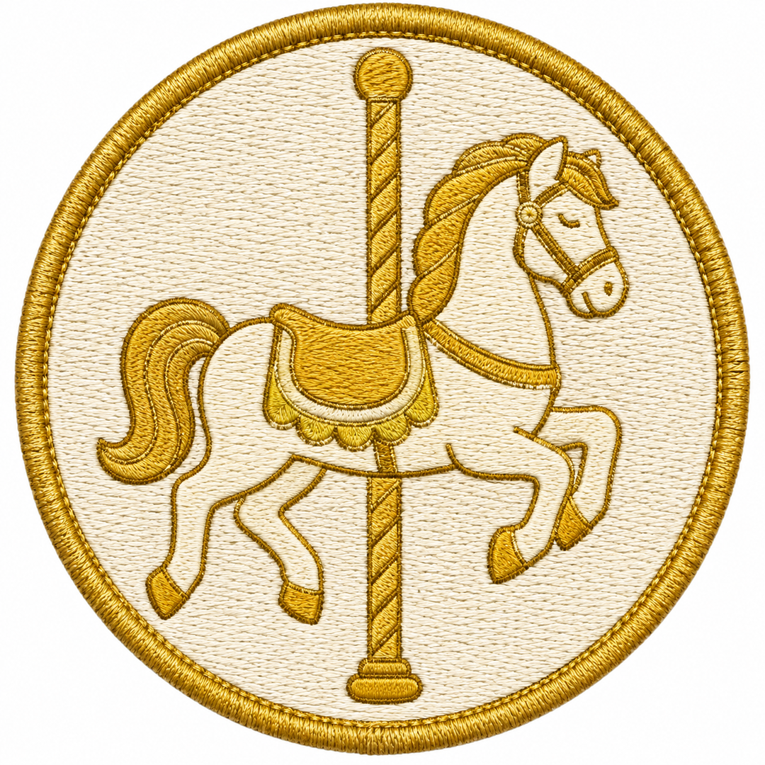 Carousel Gold embroidery patch featuring a golden carousel horse on a pole on a cream circular patch | Hand Finished in Dubai | EmbroMania