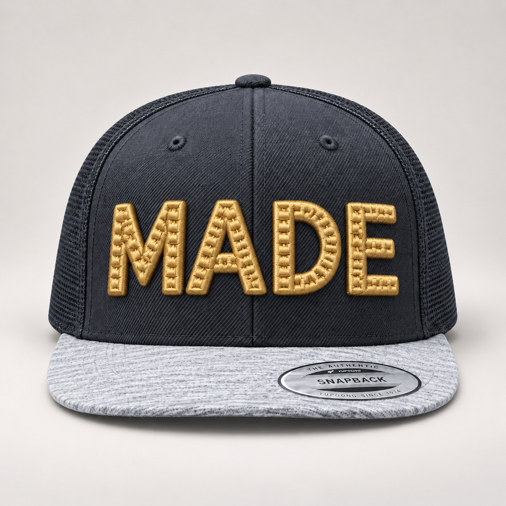 🏅 Artisan Gold – CenterCross Stitch 3D Puff · Gold thread · Charcoal & Heather Grey Snapback | Hand Finished in Dubai | EmbroMania