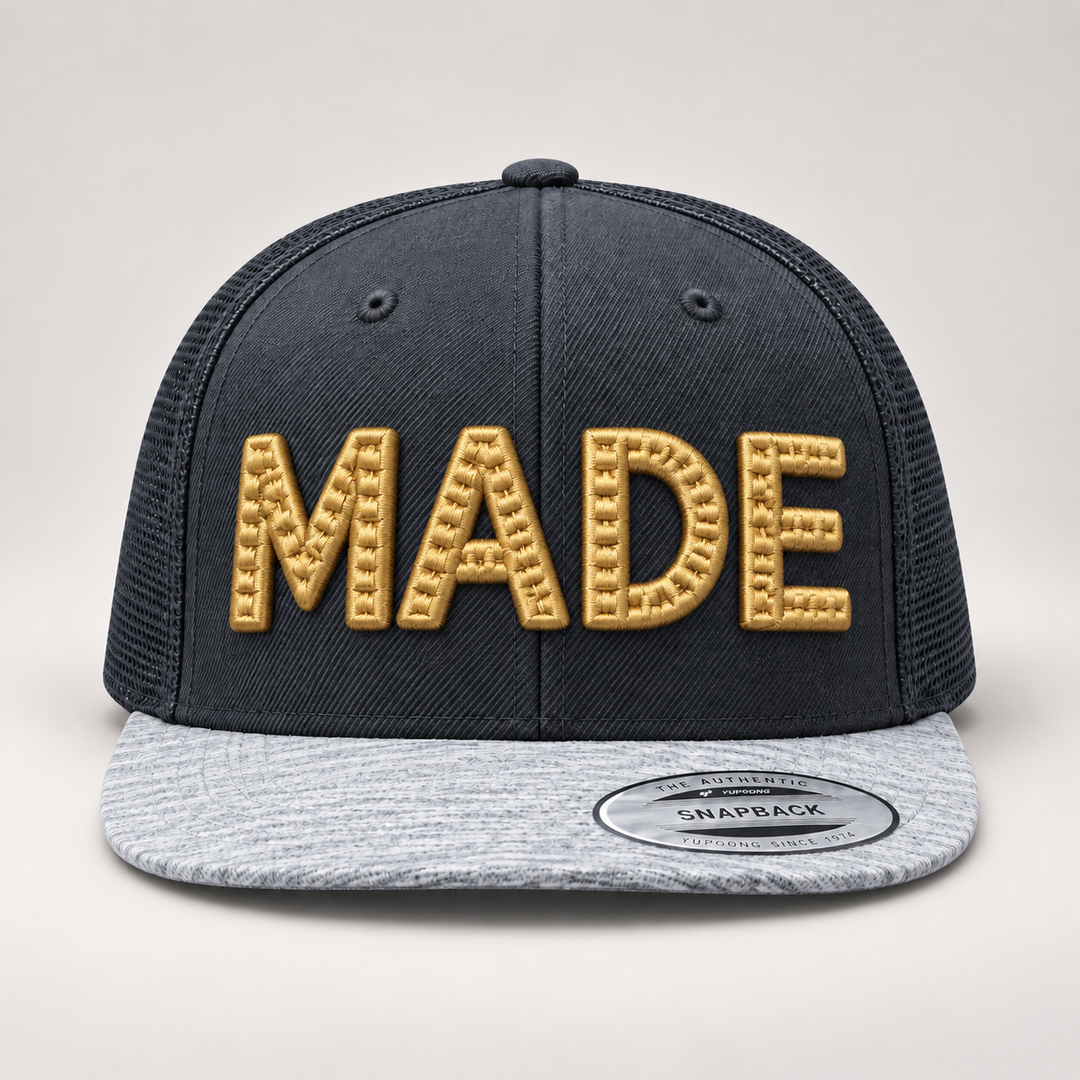 🏅 Artisan Gold – CenterCross Stitch 3D Puff · Gold thread · Charcoal &amp; Heather Grey Snapback | Hand Finished in Dubai | EmbroMania