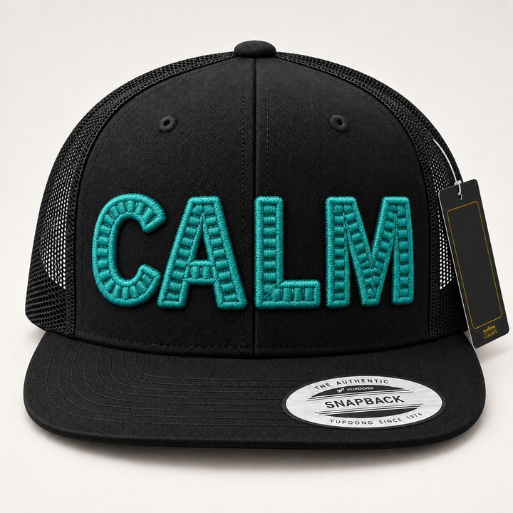 🌊 Deep Teal – CenterCross Stitch 3D Puff · Teal thread · Black Flat Trucker | Hand Finished in Dubai | EmbroMania