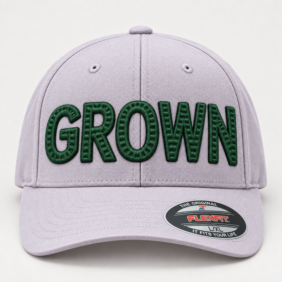 🌿 Forest Craft – CenterCross Stitch 3D Puff · Forest Green thread · Light Grey Flexfit | Hand Finished in Dubai | EmbroMania