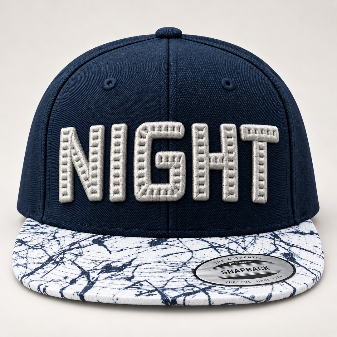 🌙 Midnight Maker – CenterCross Stitch 3D Puff · Silver thread · Navy Marble Brim Snapback | Hand Finished in Dubai | EmbroMania
