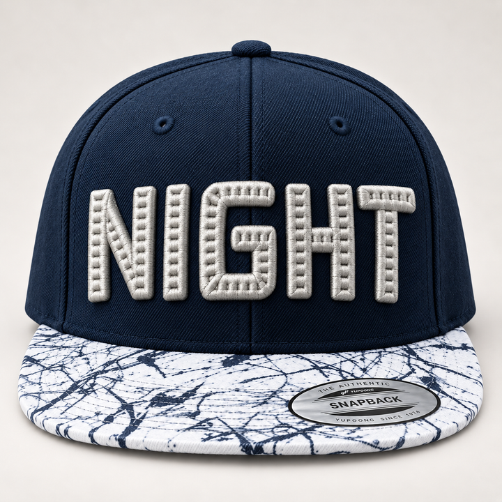 🌙 Midnight Maker – CenterCross Stitch 3D Puff · Silver thread · Navy Marble Brim Snapback | Hand Finished in Dubai | EmbroMania
