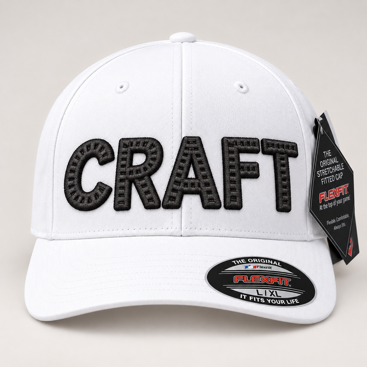 🖤 Monochrome Maker – CenterCross Stitch 3D Puff · Black thread · White Flexfit | Hand Finished in Dubai | EmbroMania