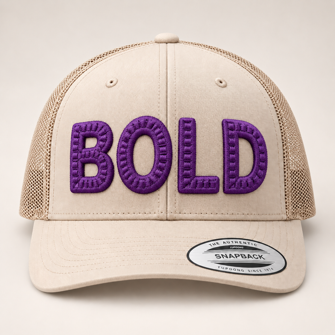 💜 Royal Purple – CenterCross Stitch 3D Puff · Purple thread · Beige Retro Trucker | Hand Finished in Dubai | EmbroMania