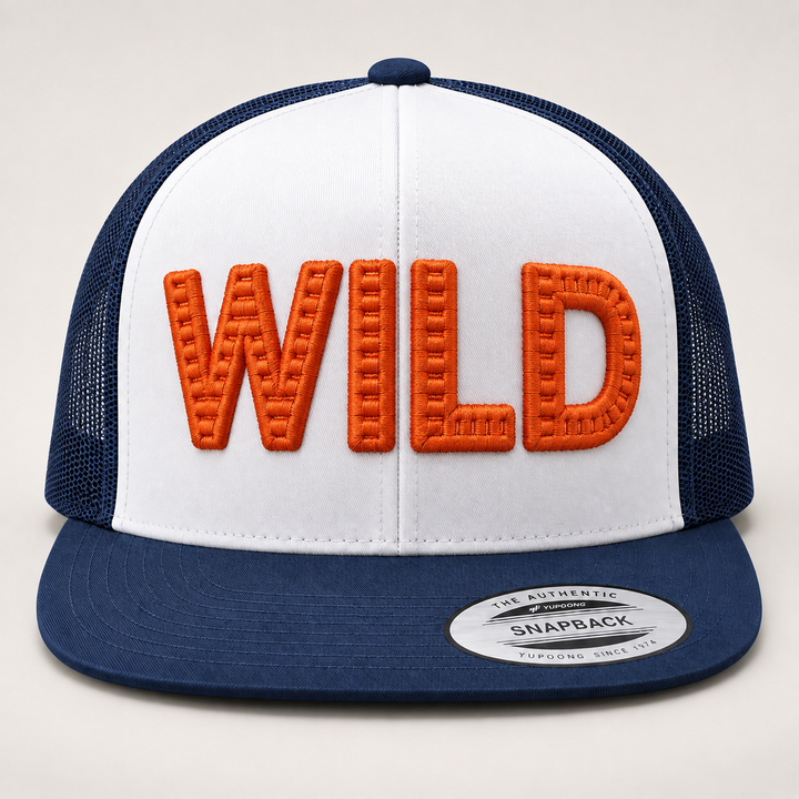 🌪️ Wild Spirit – CenterCross Stitch 3D Puff · Orange thread · White &amp; Navy Foam Trucker | Hand Finished in Dubai | EmbroMania